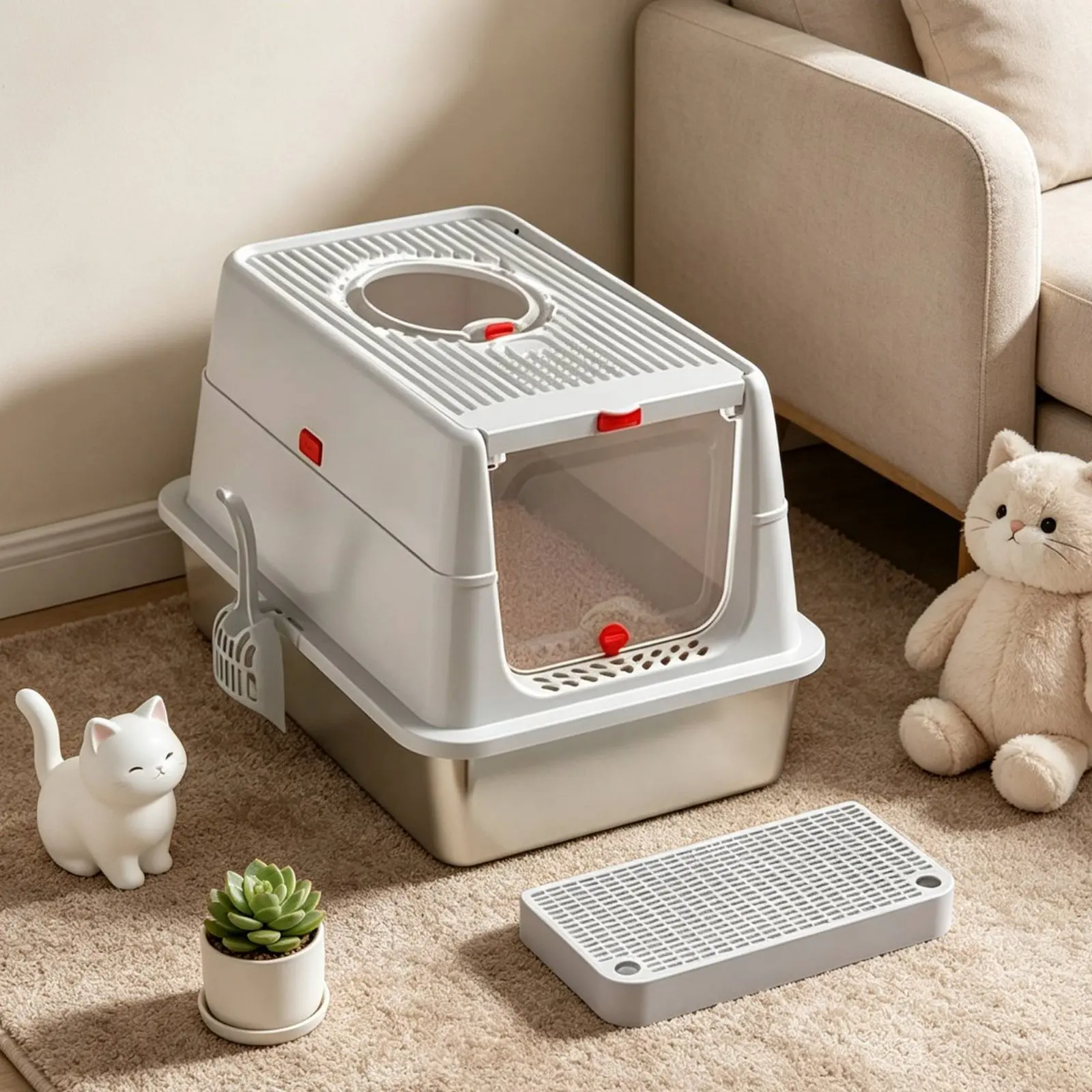 Caja de arena para gatos acero inoxidable tapa articulada lados altos - imagen 2