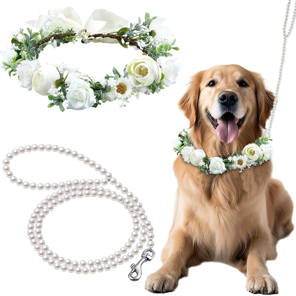 Juego de Collar y correa de flores para perros grandes, Perlas con cuentas, Collar de correa para perro, lazos para atuendo de boda, corona, accesorio para fotografía de mascotas