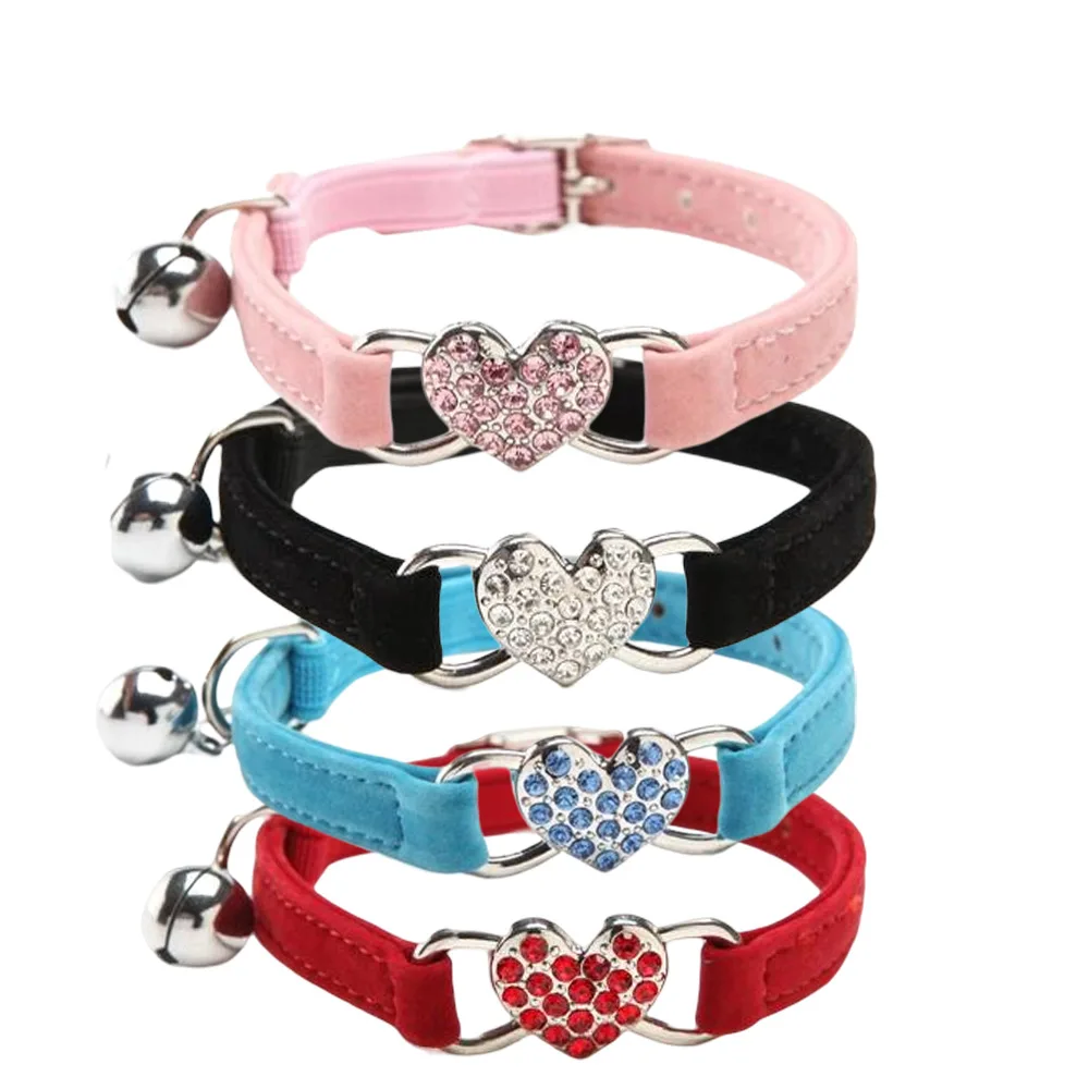 Heart Shape Cat Collar Safety Elastic Adjustable Collar With Bell Soft Velvet Cat Crystal Collar For Small Dog Kitten Puppy - imagen 2