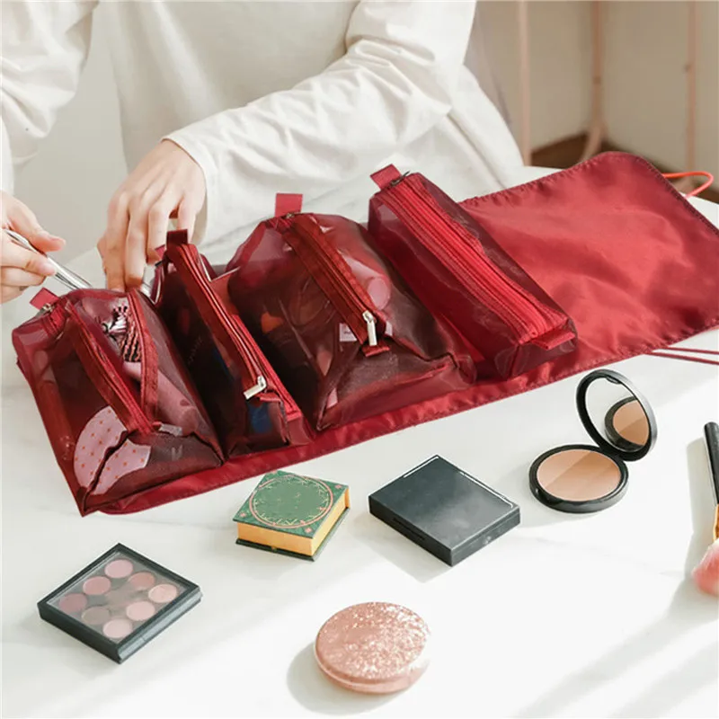 Bolsa de cosméticos 4 Uds en 1 para mujer, bolsa de cosméticos separable de malla con cremallera, bolsa de nailon plegable para mujer, bolsa de almacenamiento de brochas de maquillaje de cuerda - imagen 2