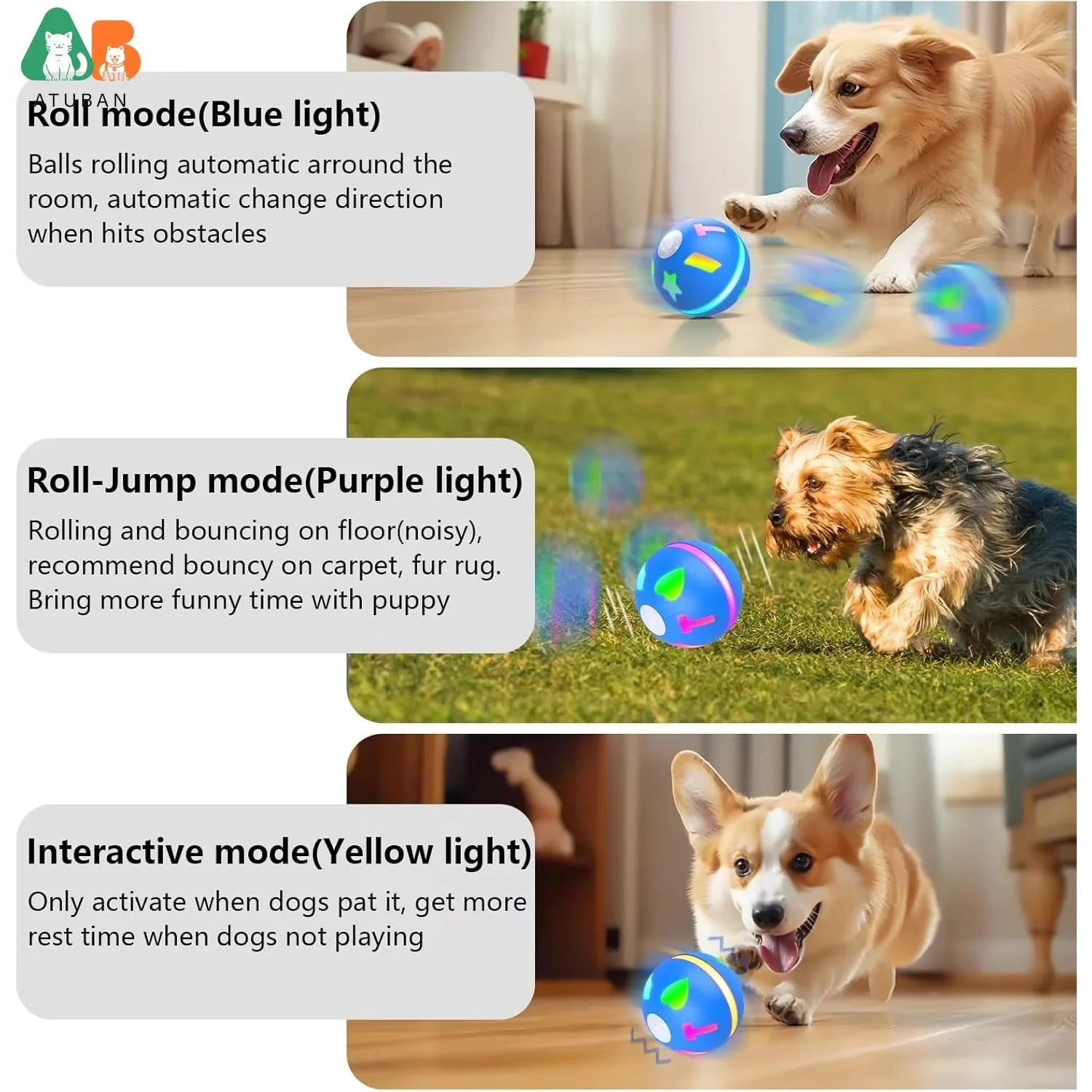 ATUBAN-juguetes interactivos para perros y gatos, bolas eléctricas inteligentes con activación por movimiento, recargable por USB, para cachorros medianos y pequeños - imagen 2