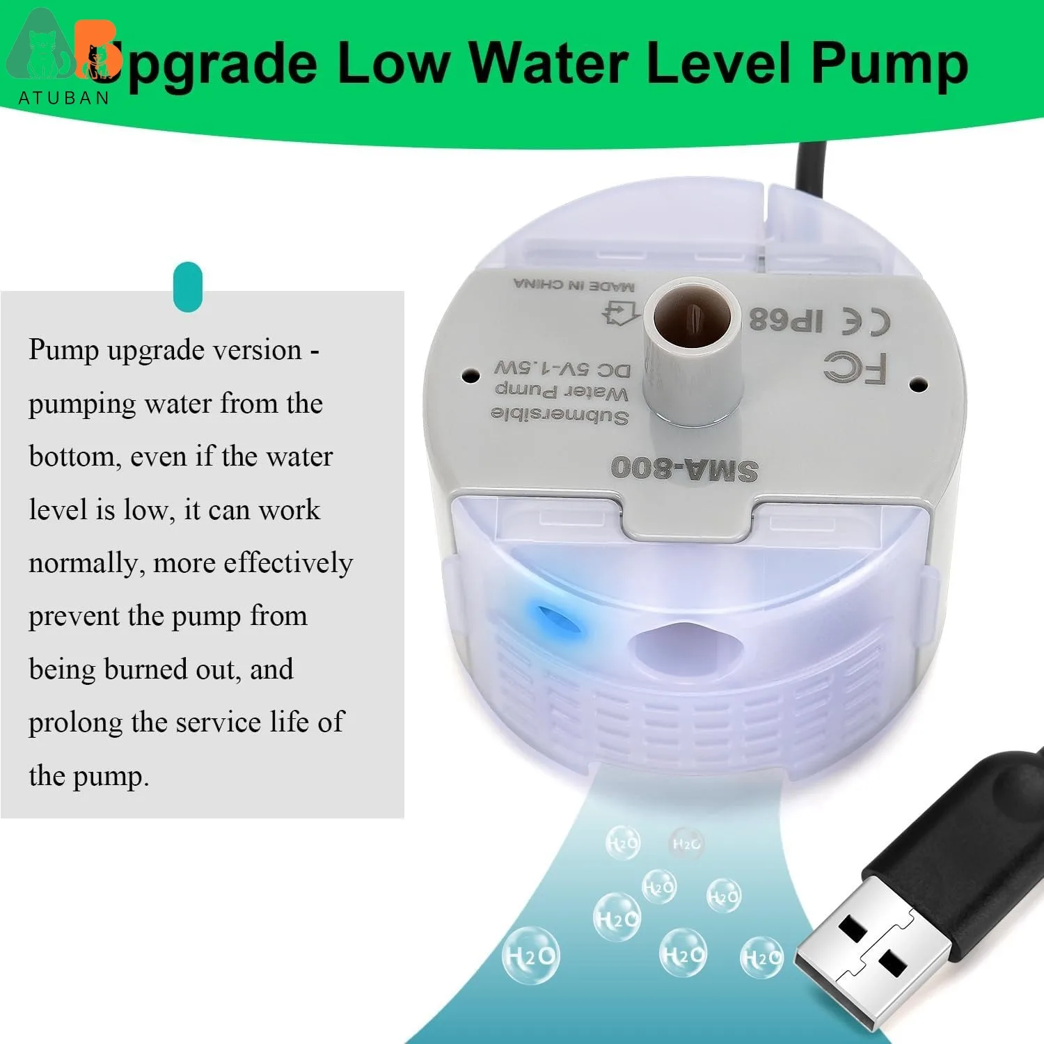 Bomba de fuente de agua para gatos ATUBAN, bombas de fuente de agua para mascotas, Motor sumergible de SMA-800 de repuesto, bomba de fuente para acero inoxidable - imagen 4