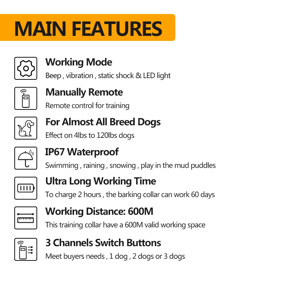 Collar de entrenamiento eléctrico para perros de 1000M, Collar para detener ladridos de perros 1/2/3, Collar de nailon reflectante 2 en 1, dispositivo recargable IPX7 para mascotas - imagen 5