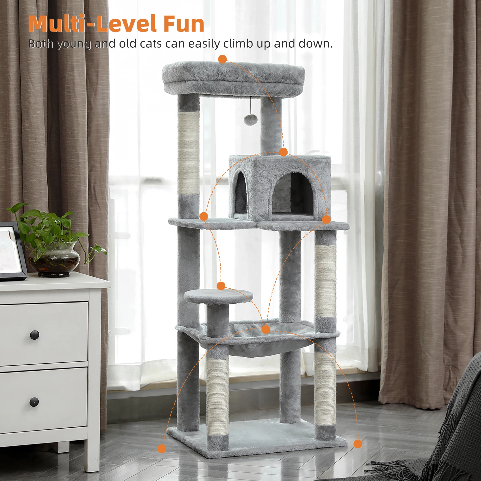 Árbol para gatos de interior, torre para gatos de 5 niveles para gatos grandes con hamaca grande, postes para rascar cubiertos de Sisal, percha superior acogedora para Condo - imagen 2