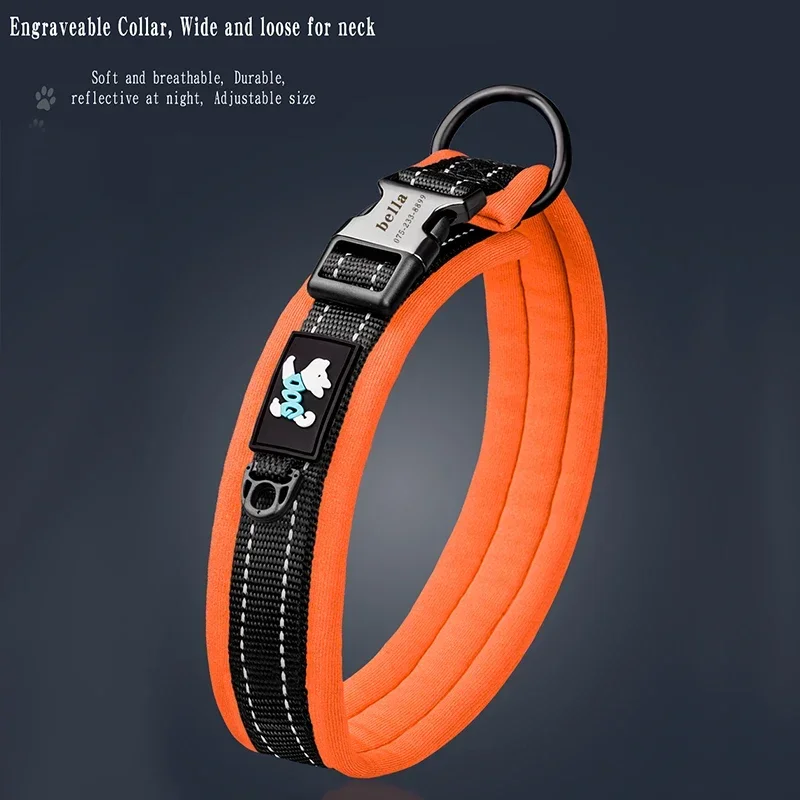 Collar para perro acolchado de malla ajustable, grabado de identificación personalizado, Collar para perro de nailon reflectante, duradero y resistente para todas las razas, todos los Pug - imagen 3