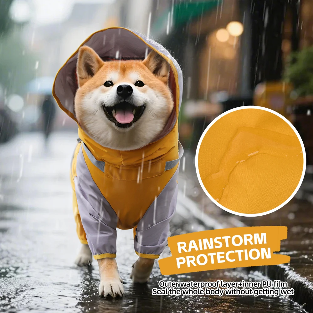 Chubasquero de doble capa para mascotas con arnés, malla interior exterior de PU, resistente al viento, impermeable, chaqueta para exteriores para mascotas de cuatro patas, sombrero desmontable - imagen 5
