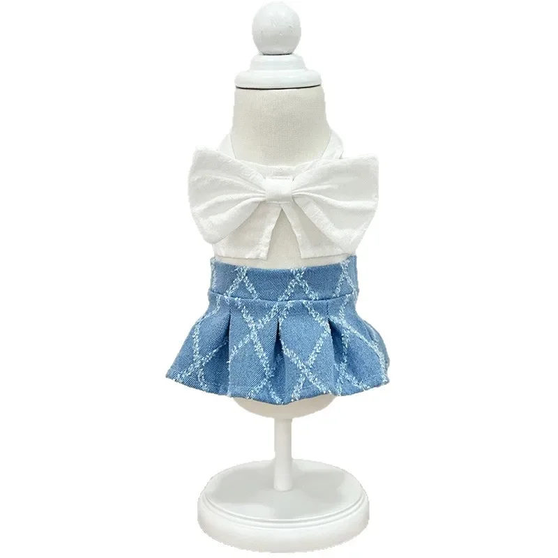 Ins Pet verano Denim Patchwork arco chaleco cachorro vestido gato Denim chaleco a cuadros camiseta medio conjunto moda vestidos para perros pequeños - imagen 4