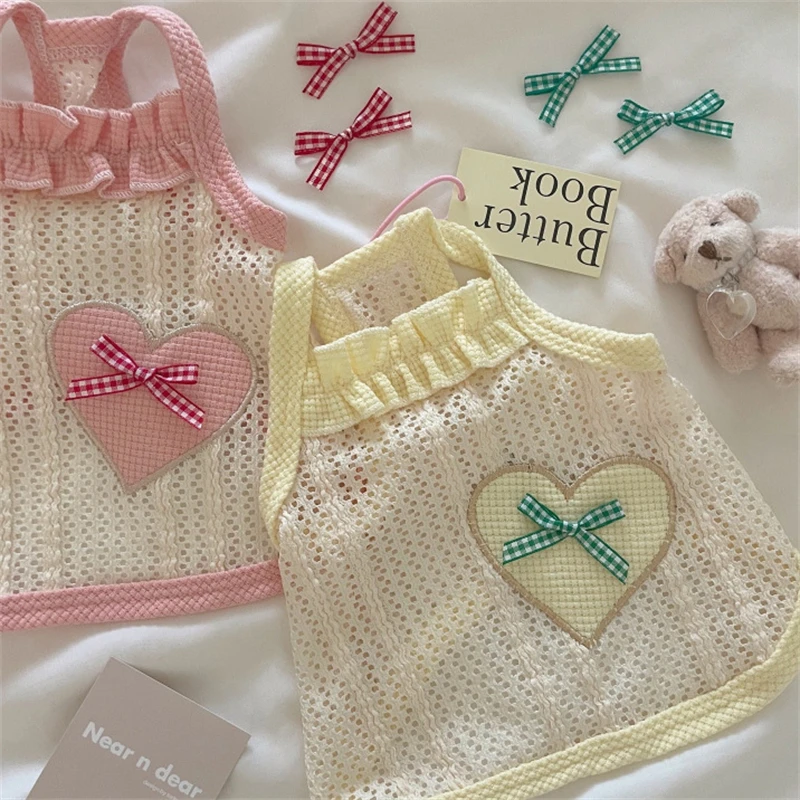 Ropa de verano para perros y mascotas con forma de corazón de amor, vestidos de encaje dulce con nudo de lazo para cachorros pequeños y medianos, ropa Floral suave para Bulldog Francés - imagen 3