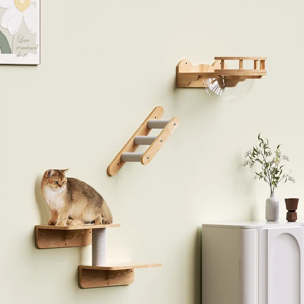 Escalera de muebles de madera para escalada montada en la pared para gatos con hamaca, plataforma para gatos y poste rascador para jugar y descansar con gatitos - imagen 3