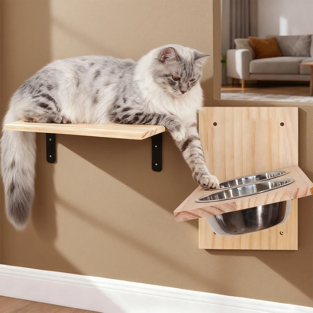 Estación de alimentación para gatos montada en la pared con cuencos dobles de acero inoxidable, percha para gatos, comedero para gatos y plataforma de escalada, muebles de interior para gatos - imagen 2