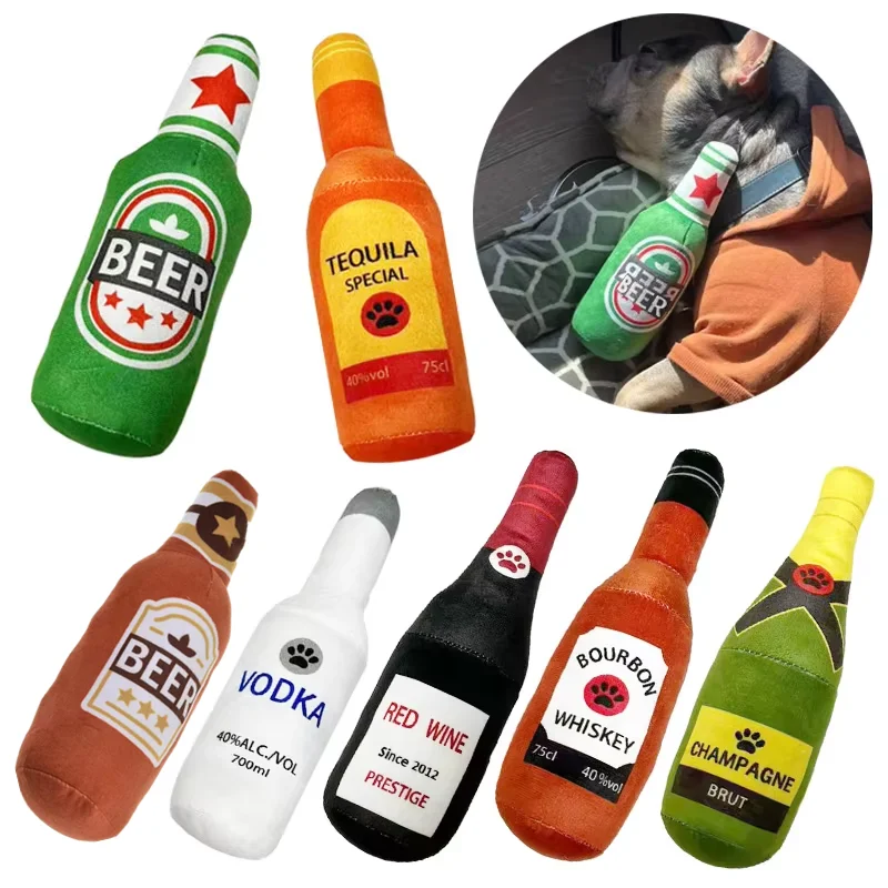 Divertidos juguetes de peluche para perros, botella de cerveza en forma de perros pequeños y grandes, sonido chirriante, juguete para masticar dientes limpios, suministros interactivos para mascotas - imagen 3
