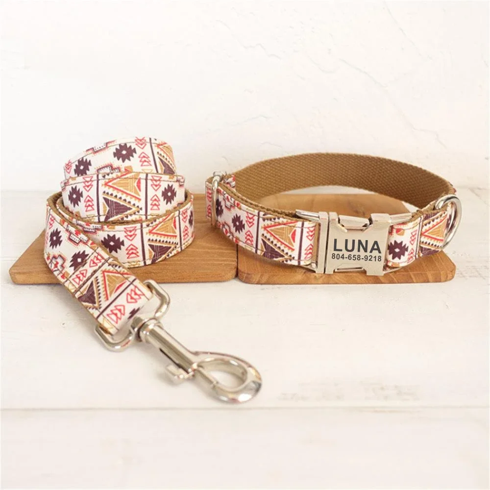 Collar personalizado para mascotas, correa de plomo con placa de identificación, ajustable, color marrón, traje étnico nacional a cuadros para gato y perro