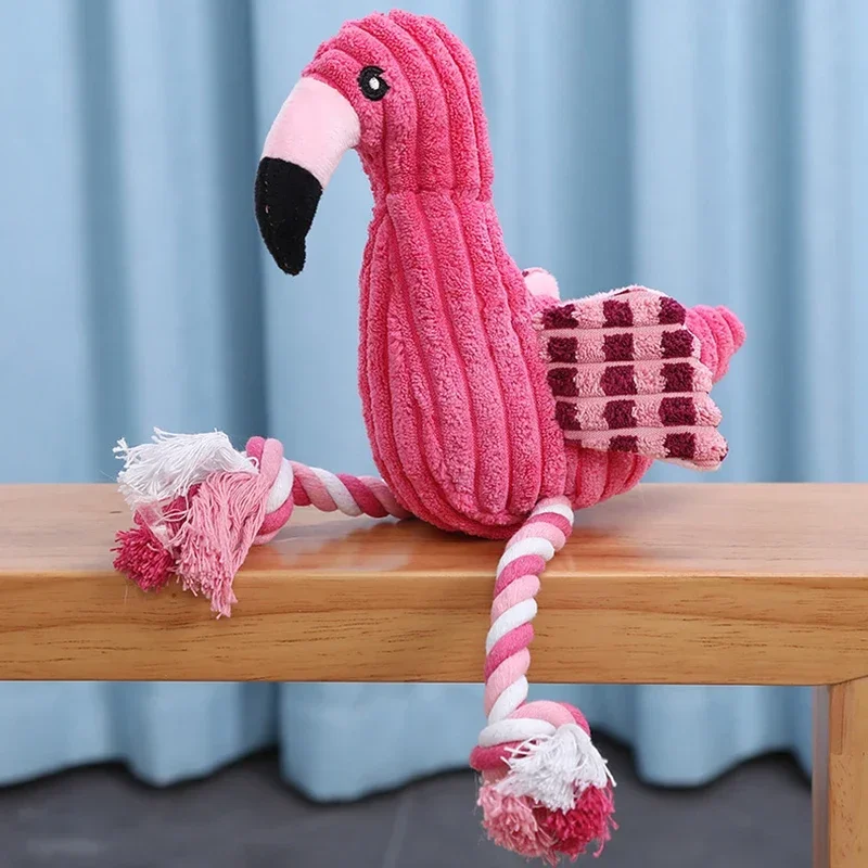 Juguete interactivo divertido para perros de peluche con flamenco rosa, con cuerda para masticar, bonito efecto de sonido, adecuado para mascotas pequeñas a grandes