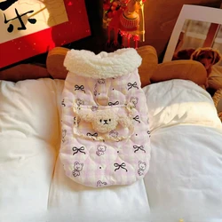 Abrigo con cuello de felpa con lazo para otoño/invierno para mascotas, chaleco de felpa, ropa para perros y gatos en idioma extranjero para perros pequeños, ropa para cachorros