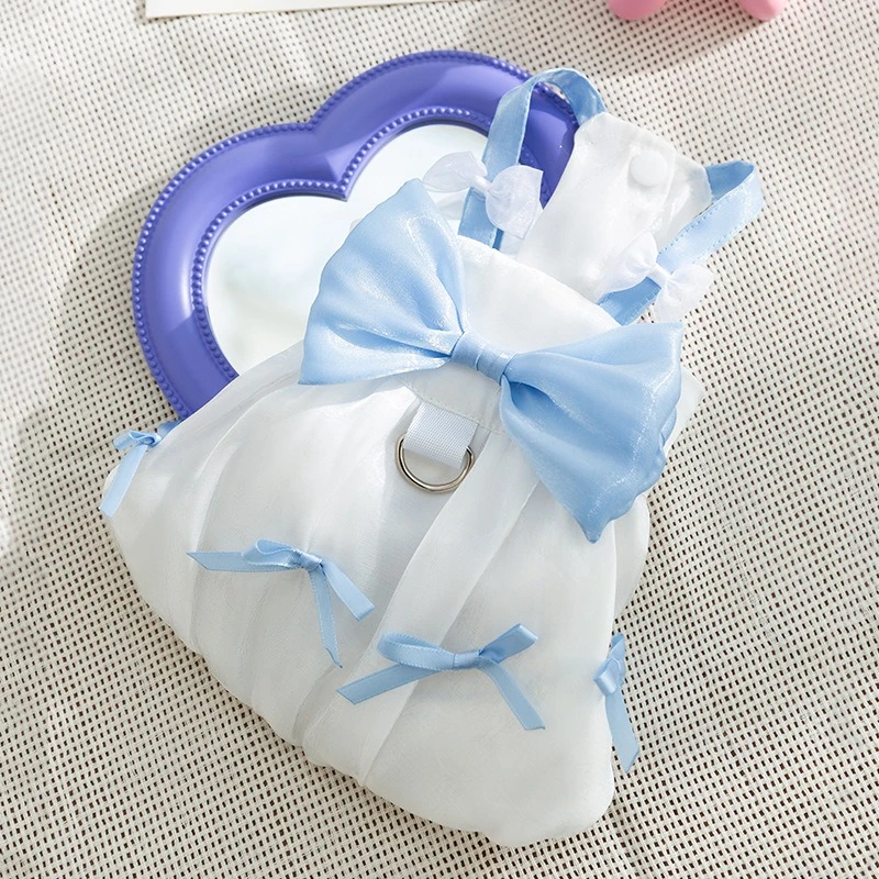 Vestidos de verano de tul transpirable para perros pequeños y medianos, mono con nudo de lazo azul claro para Gato, cachorro romántico de Chihuahua de una pieza - imagen 4