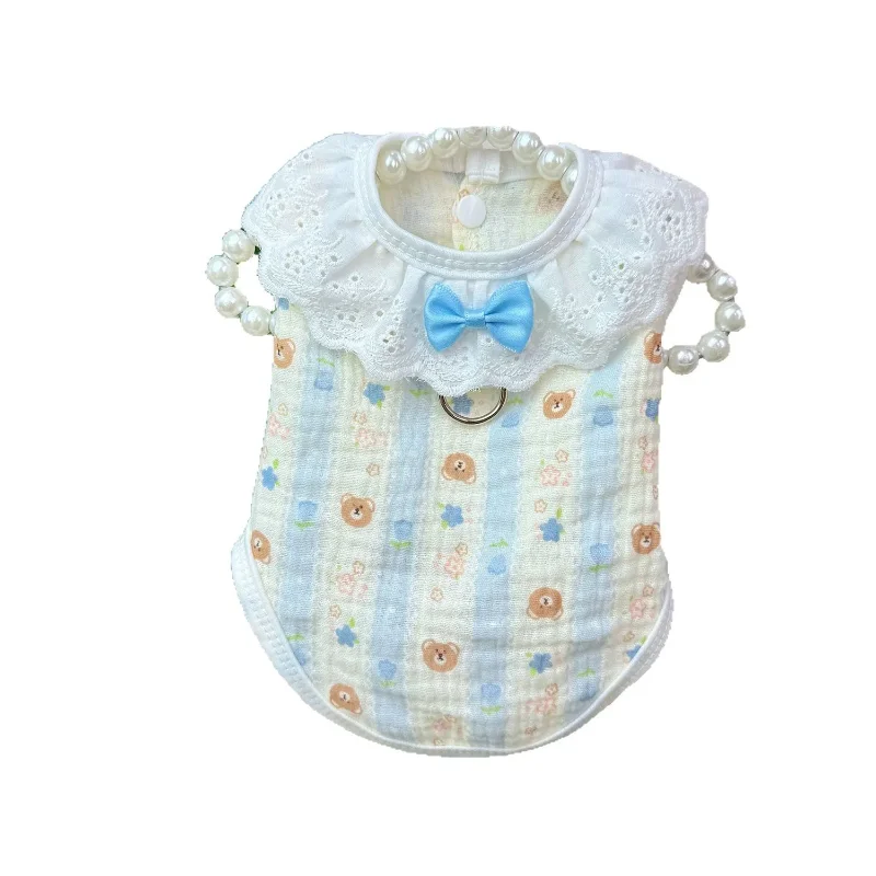 Falda Floral de encaje para mascotas, camiseta sin mangas fina de verano, abrigo con cuello de encaje a rayas, chaleco para perros y gatos, ropa transpirable para perros pequeños - imagen 5