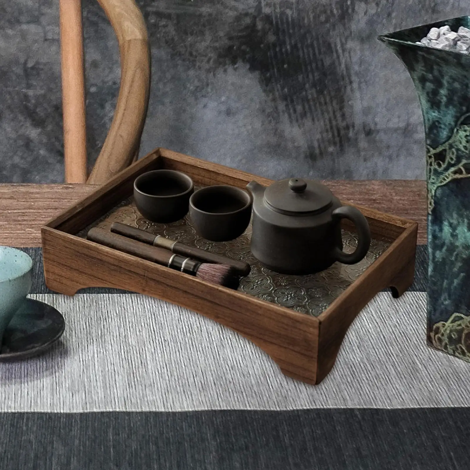 Serving Tray Wood and Embossment Glass Platter Multiuse Desk Organizer Makeup