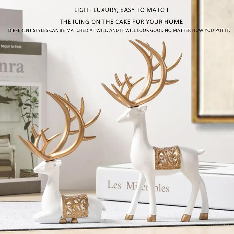 Figuras de renos navideños para decoración del hogar, Set de 2 piezas de ciervo de la suerte sentado y de pie para chimenea, estantes y armario - imagen 3