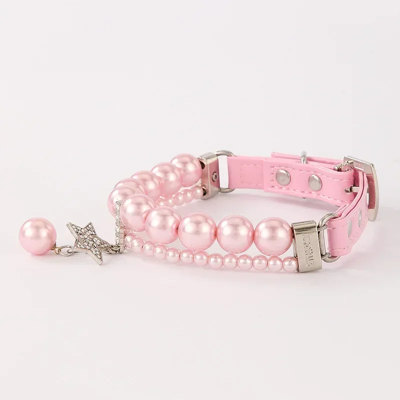 Bonito Collar de cuero Pu para perro y gato con colgante de perlas, Collar duradero de estilo princesa para perros y gatos, accesorios para caminar al aire libre para mascotas - imagen 3