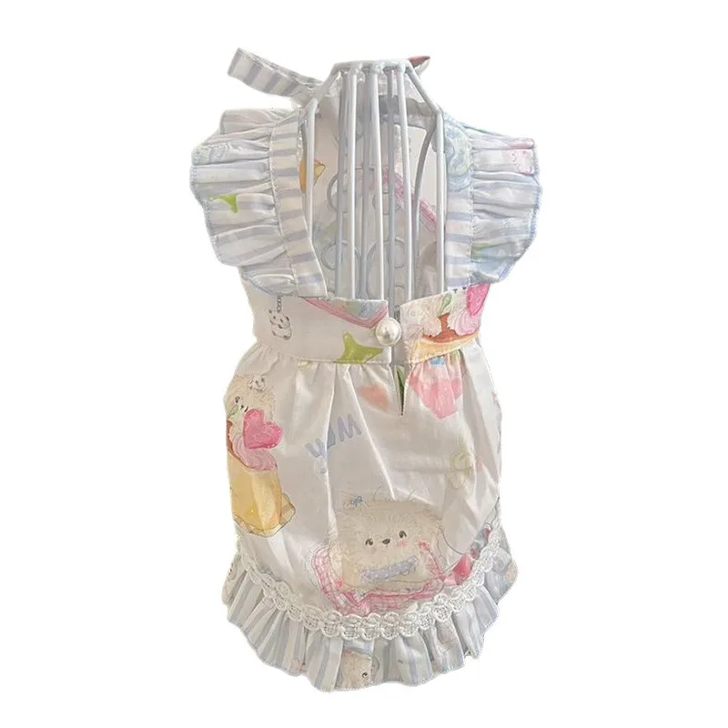 Vestidos para cachorros Ins, vestido de verano para perros, vestido con estampado de dibujos animados de encaje con volantes, trajes de peluche, Chihuahua, caniche, ropa, vestido de gato - imagen 5