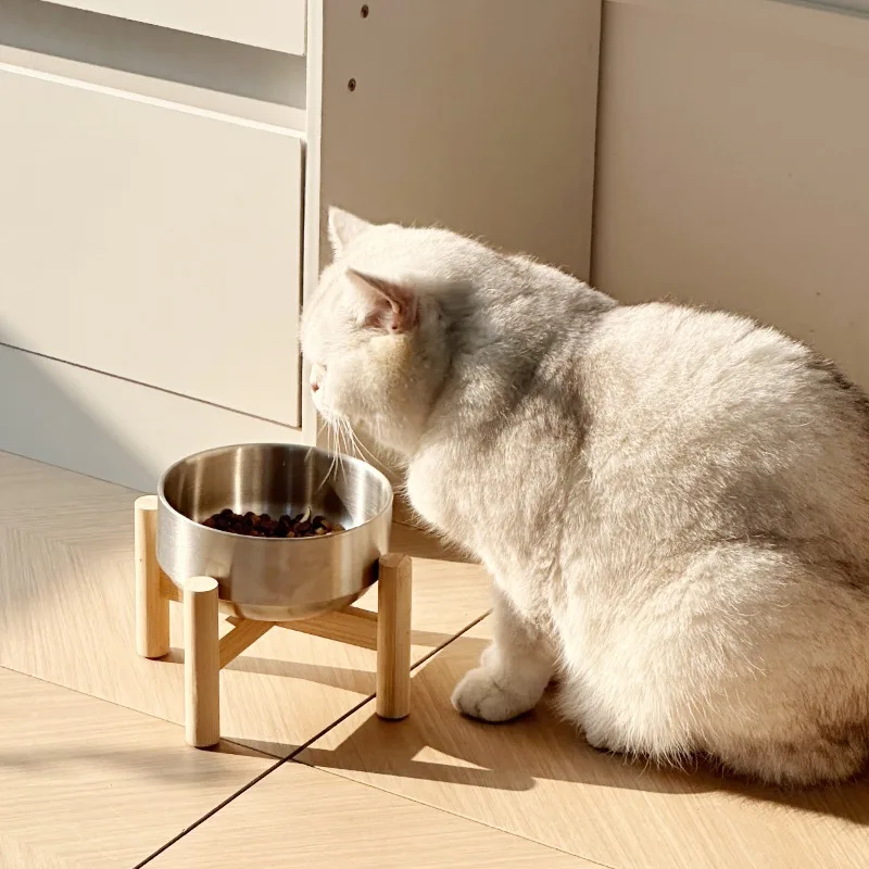 Cuenco para gatos con marco de madera de acero inoxidable, cuenco de comida de gran capacidad para proteger las vértebras cervicales, suministros de alimentación para mascotas, accesorios - imagen 3