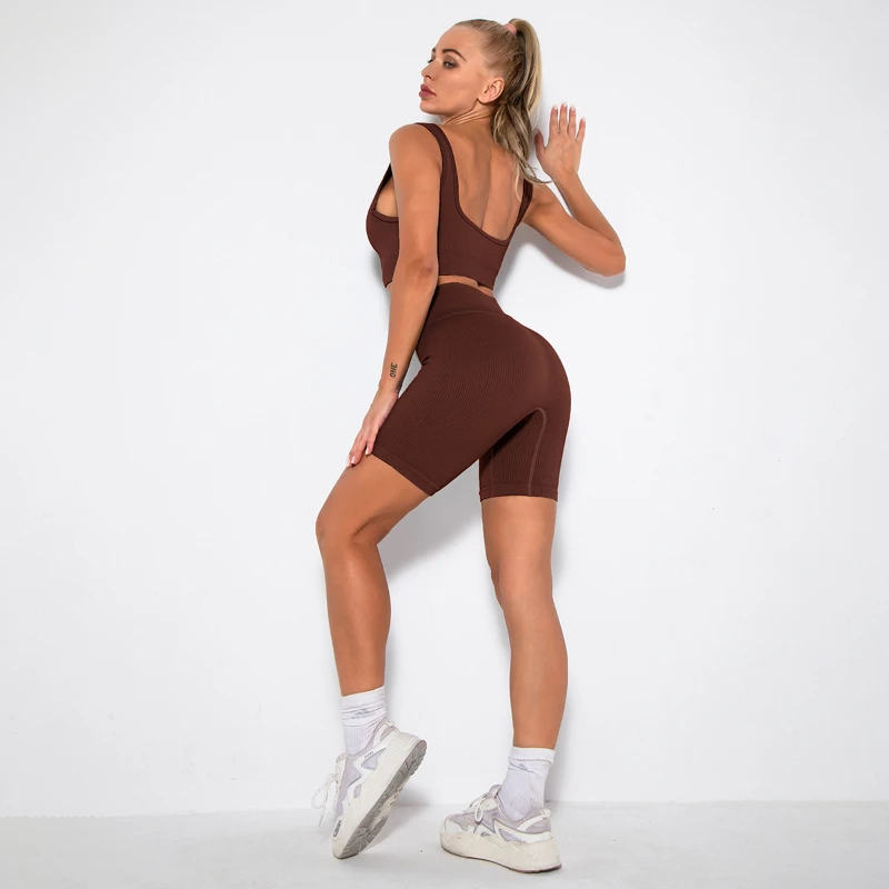 Conjunto de gimnasio sin costuras para mujer, mallas deportivas, pantalones cortos de entrenamiento, Top corto de Fitness, ropa de entrenamiento, ropa deportiva de verano, novedad de 2023 - imagen 5