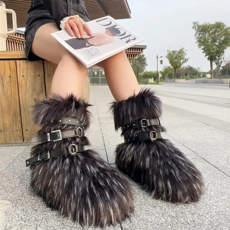 Botas de nieve femeninas de piel de mapache de una pieza, nuevo diseño de piel de invierno, zapatos de piel, botas de pierna media para exteriores Y2k, chica rosa fresca - imagen 5