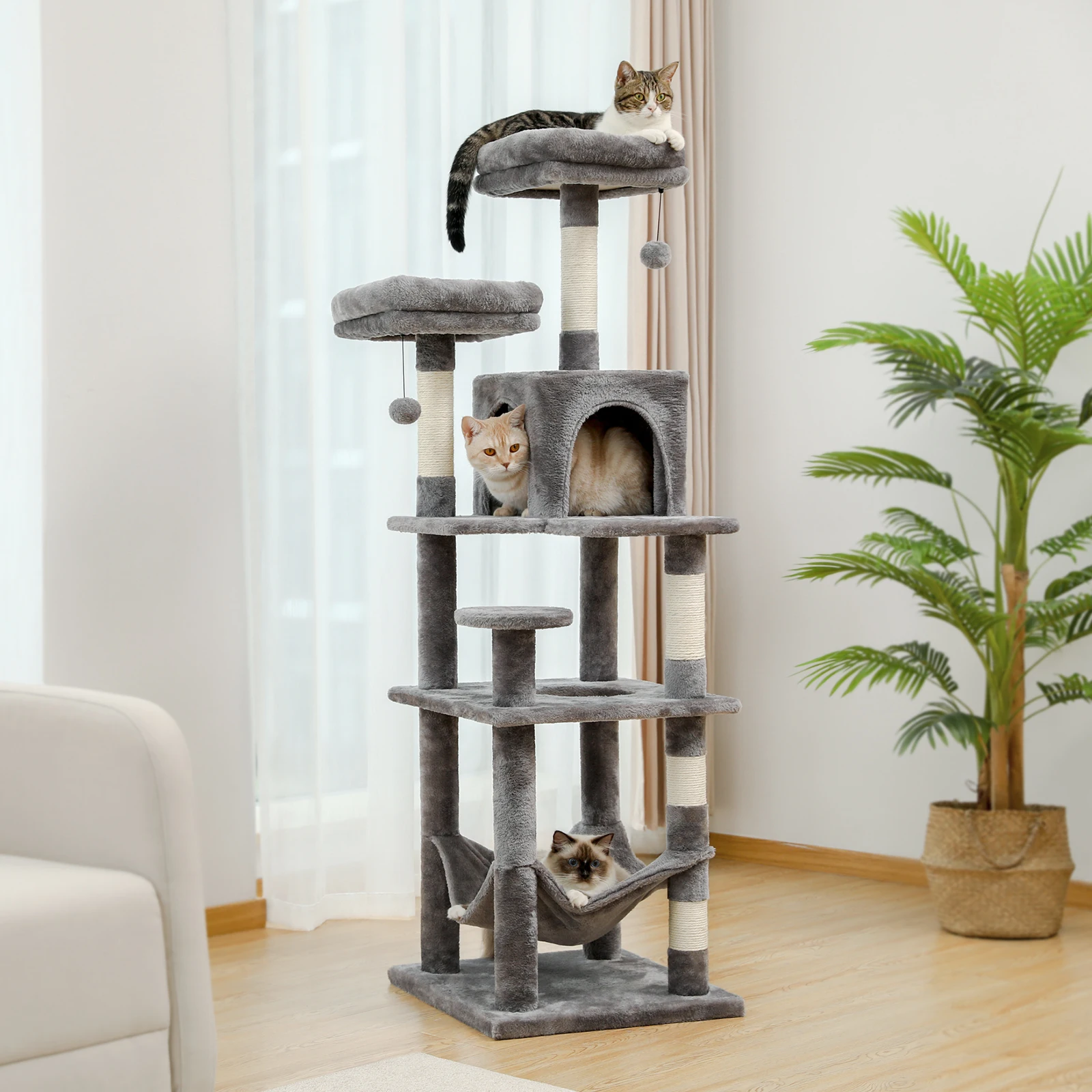 Árbol para gatos de varios niveles con postes rascadores, hamaca acogedora, torre mullida para gatos de interior, rascadora para gato, cama condominio para gatos, accesorios para gatos, juguetes para gatos