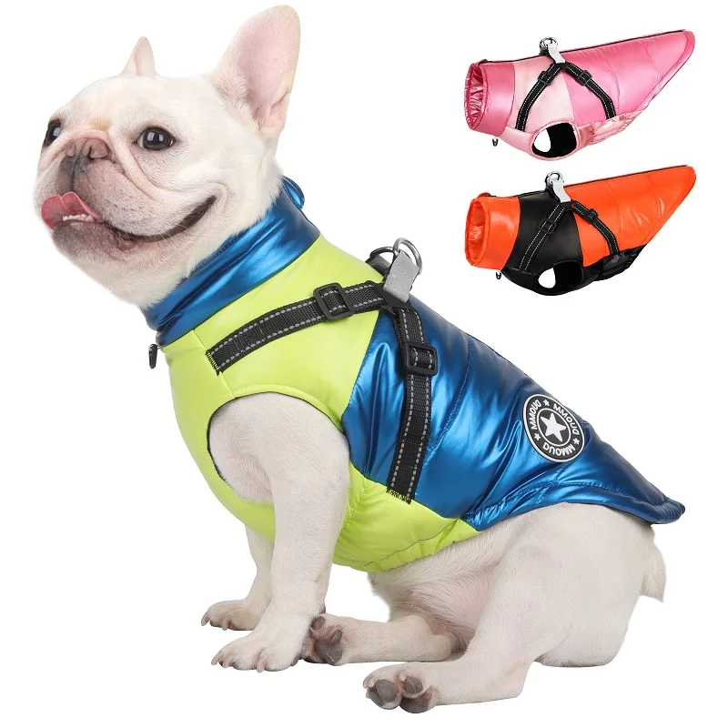 Ropa cálida de invierno para perros, chaleco impermeable para perros, chaqueta de Bulldog Francés, ropa reflectante para mascotas con arnés para perros pequeños y medianos - imagen 5