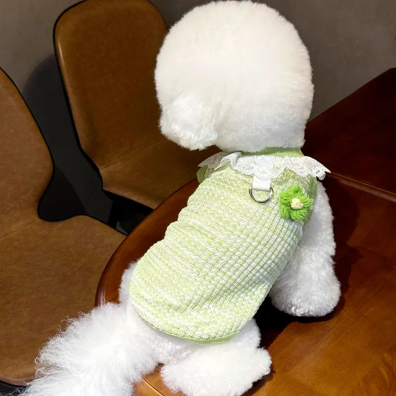 Chaleco tejido para mascotas de otoño, chaqueta con cuello de encaje y flores para perros, suéter de Yorkshire para perros pequeños y gatos, ropa para cachorros pequeños - imagen 2