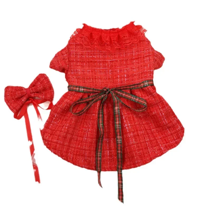 Falda de abrigo para mascotas, ropa para mascotas, vestido rojo de Navidad, falda de gasa de doble capa, cortavientos, pajarita para gatos, ropa para perros de diseñador - imagen 5
