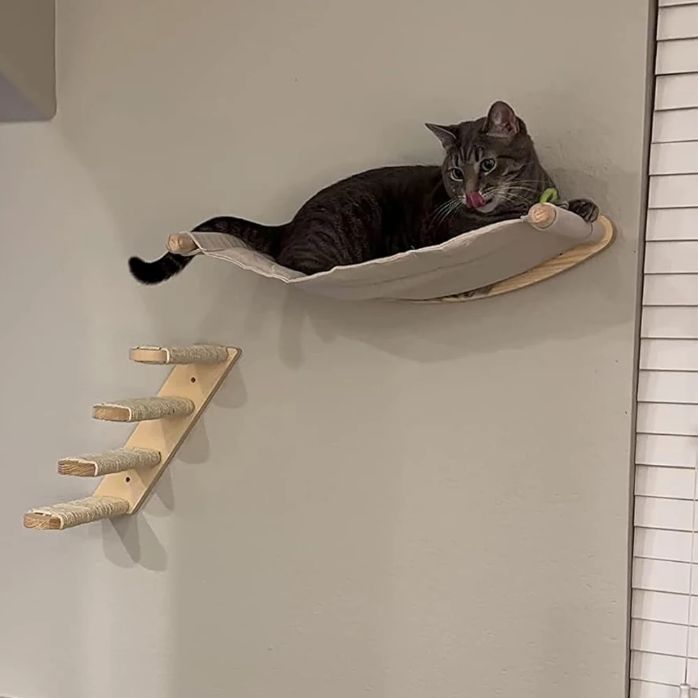 Hamaca de escalada para gatos montada en la pared, Sisal de madera maciza, escalera de escalada para gatos, plataforma de poste de agarre, muebles para mascotas de interior - imagen 3