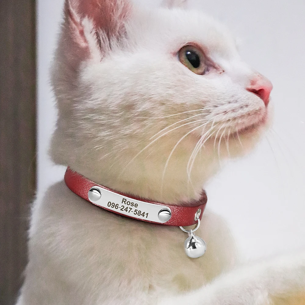 Collar de gato personalizado, collares de cuero ajustables para gatos, collares personalizados con nombre de cachorro y gatito, accesorios antipérdida para gatos - imagen 5
