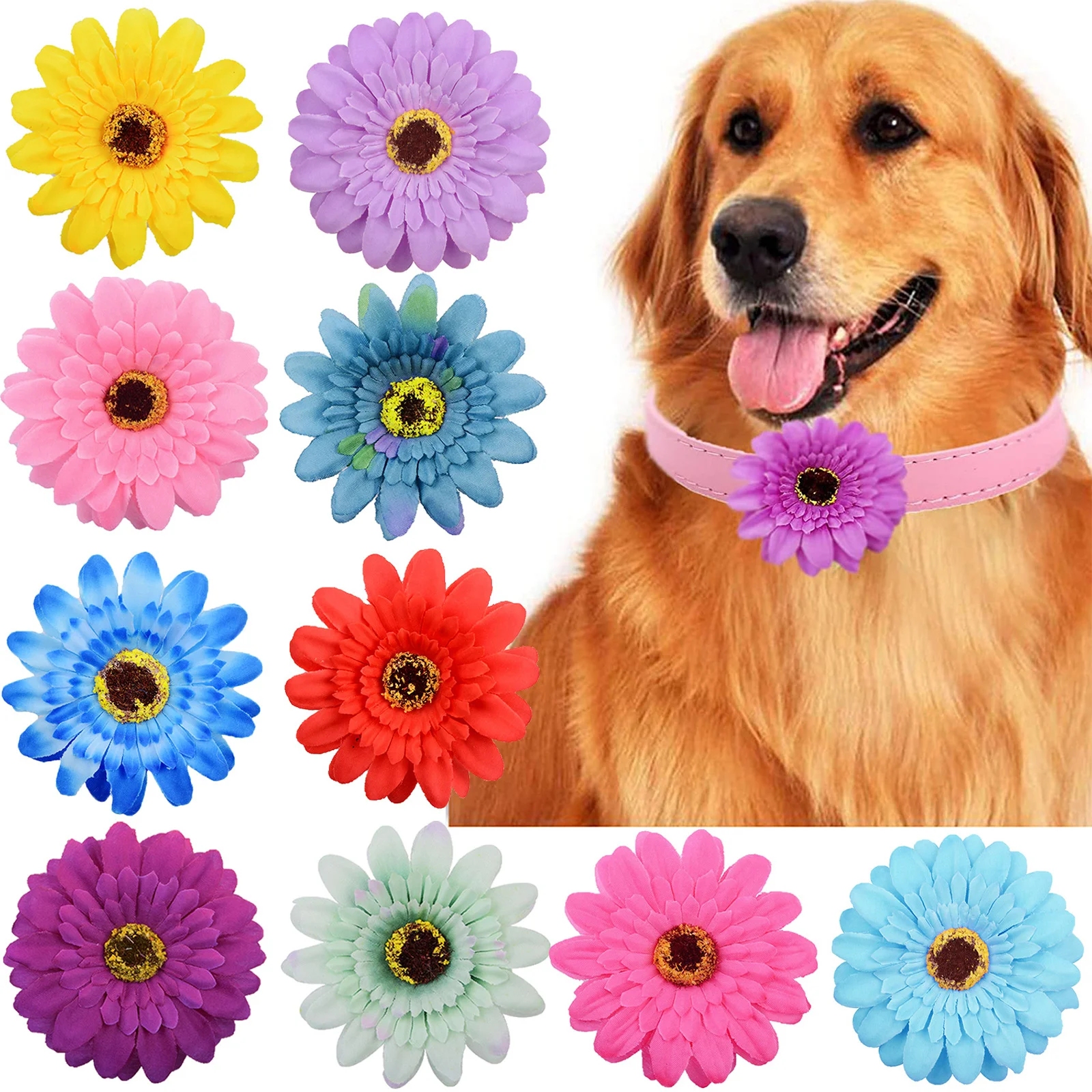 Collar de flores grandes para perros, pajarita para mascotas, accesorios de aseo para perros pequeños, 50 piezas