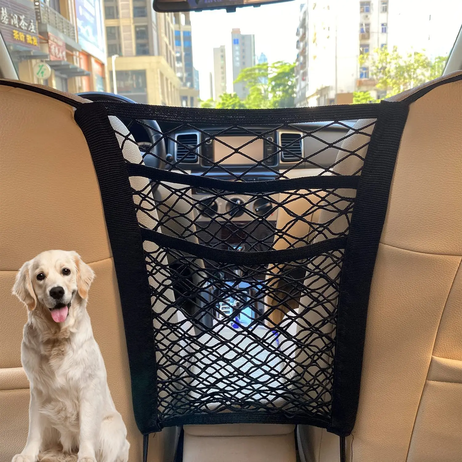 Barrera seguridad perros coche – Rejilla separación y bolsa almacenamiento - imagen 3