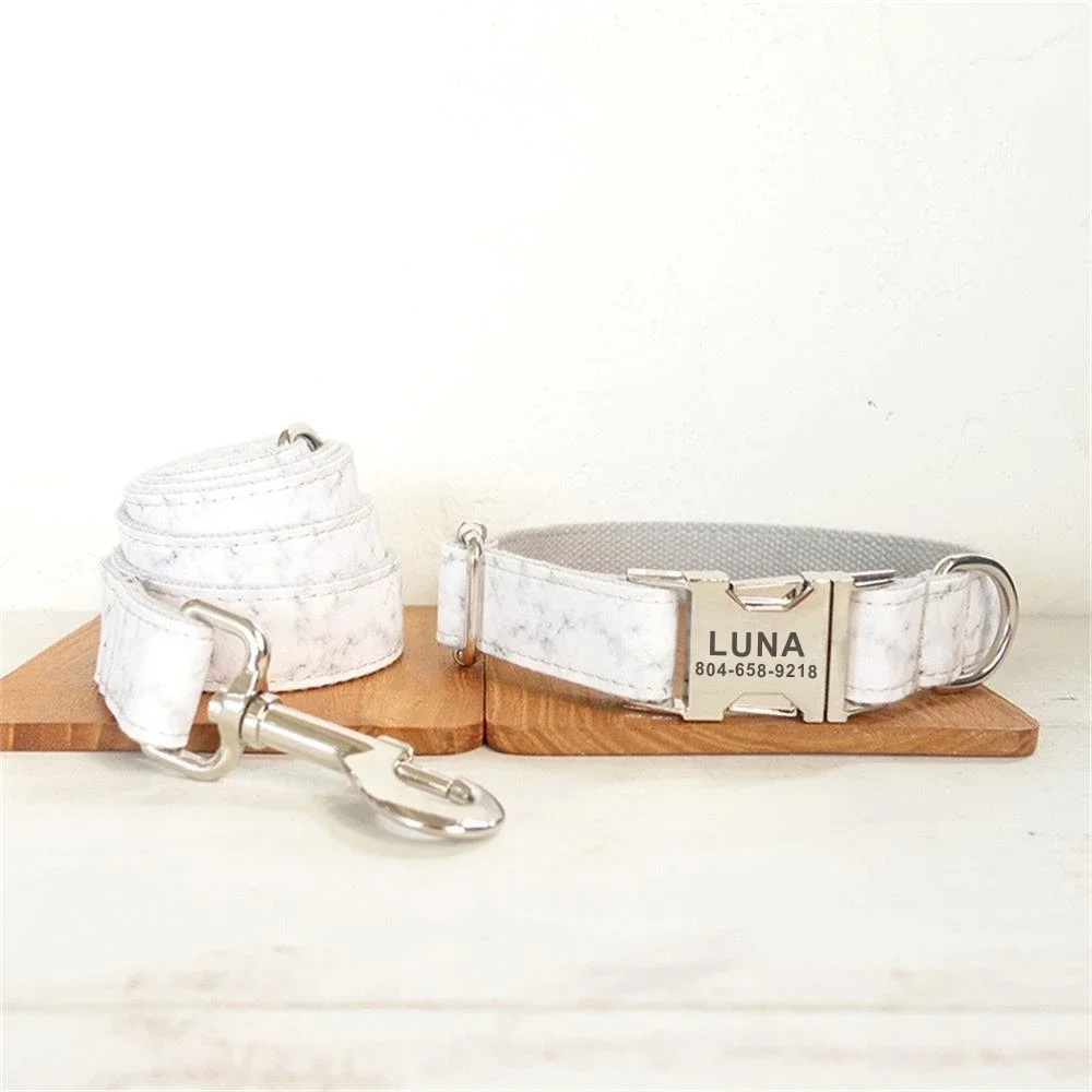 Collar personalizado de marmoleado blanco para mascotas, etiqueta de identificación de cachorro, accesorio ajustable para gato, collares básicos para perros, Correa