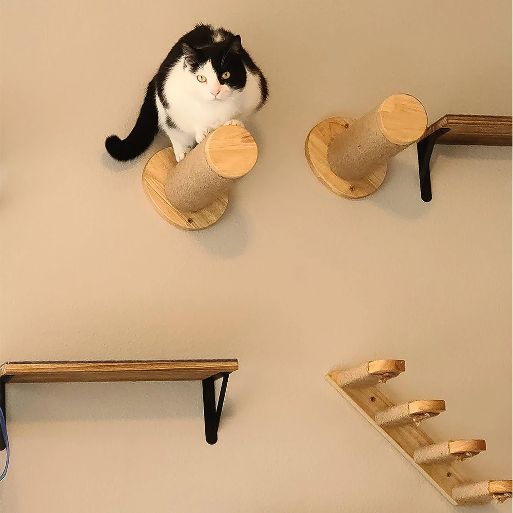 Estantes de pared para gatos con poste rascador, escalones de escalada, paredes de madera para gatos, muebles para gatos durmiendo, rascador y exploración