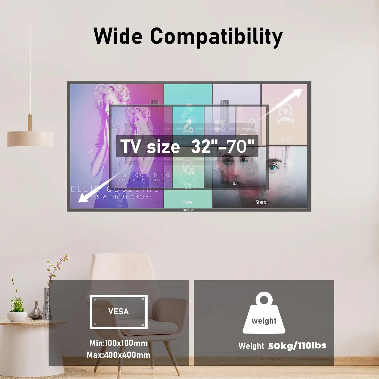 Soporte de pared para TV, perfil bajo para la mayoría de televisores de 32-70", soportes de TV universales de montaje en pared fija Max VESA 400 x 400 mm, peso hasta 110 libras - imagen 2