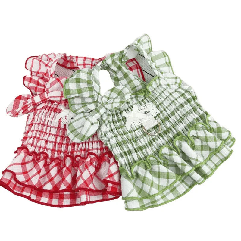 Ropa a cuadros para mascotas, camisola a rayas de verano, vestido camisola tejido hueco transpirable para gatos, ropa para cachorros para perros pequeños