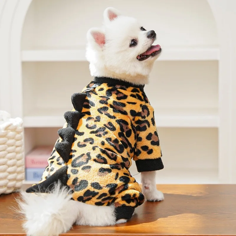 Ropa de franela de leopardo para perros, Cosplay de dinosaurio, monos de Chihuahua para gatos, Halloween, Navidad, Año Nuevo, ropa de invierno para cachorros - imagen 3