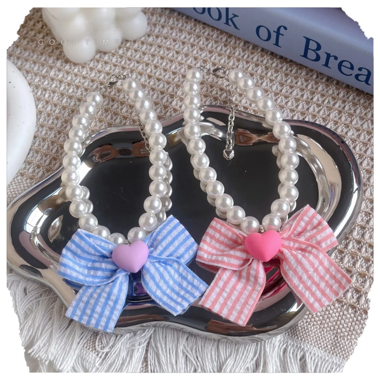Collar de perlas de primavera para mascotas, Collar ajustable para gato/perro, lazo a cuadros contrastante, accesorios para perros pequeños - imagen 3