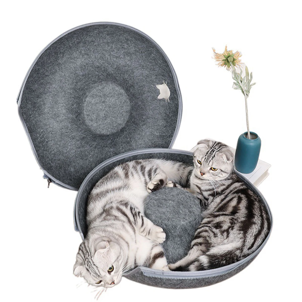 Túnel rosquilla para gatos 2 en 1: interactivo de fieltro y cama - imagen 4