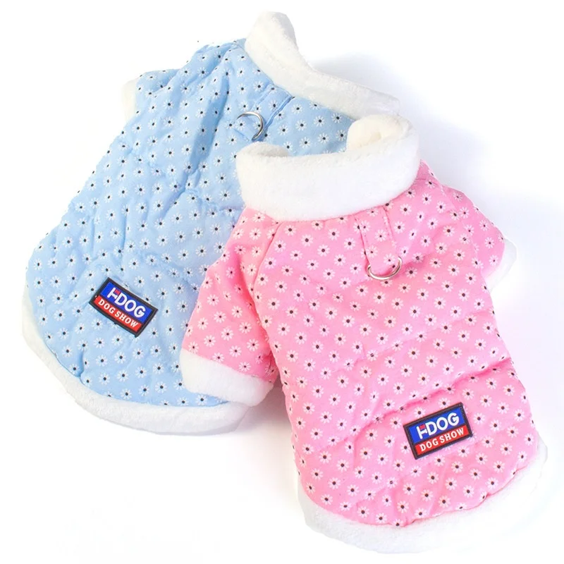 Nueva chaqueta para perro con estampado de margaritas, forro polar cálido, ropa gruesa de algodón azul y rosa a prueba de frío para perros