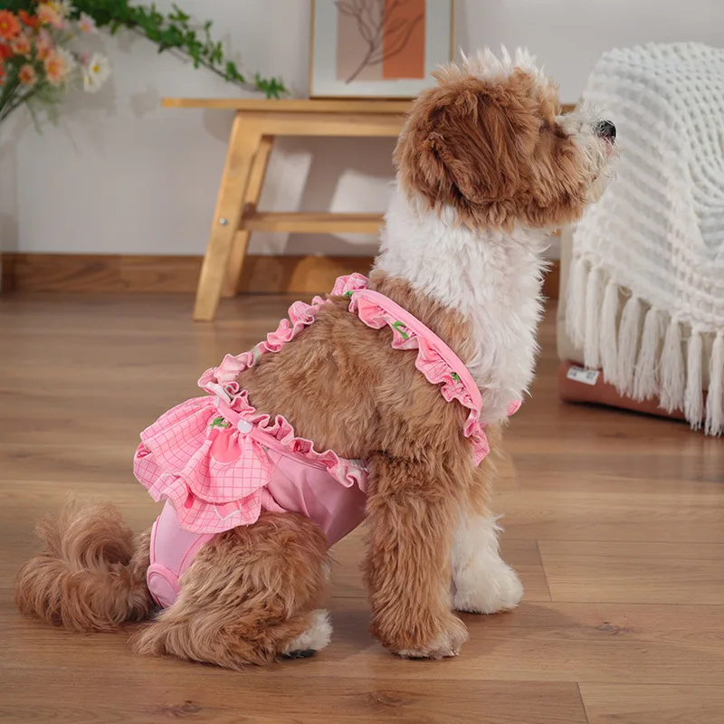 Nuevos pantalones menstruales para perros, pantalones fisiológicos de encaje con tirantes, pantalones fisiológicos para perros con arnés dulce de verano