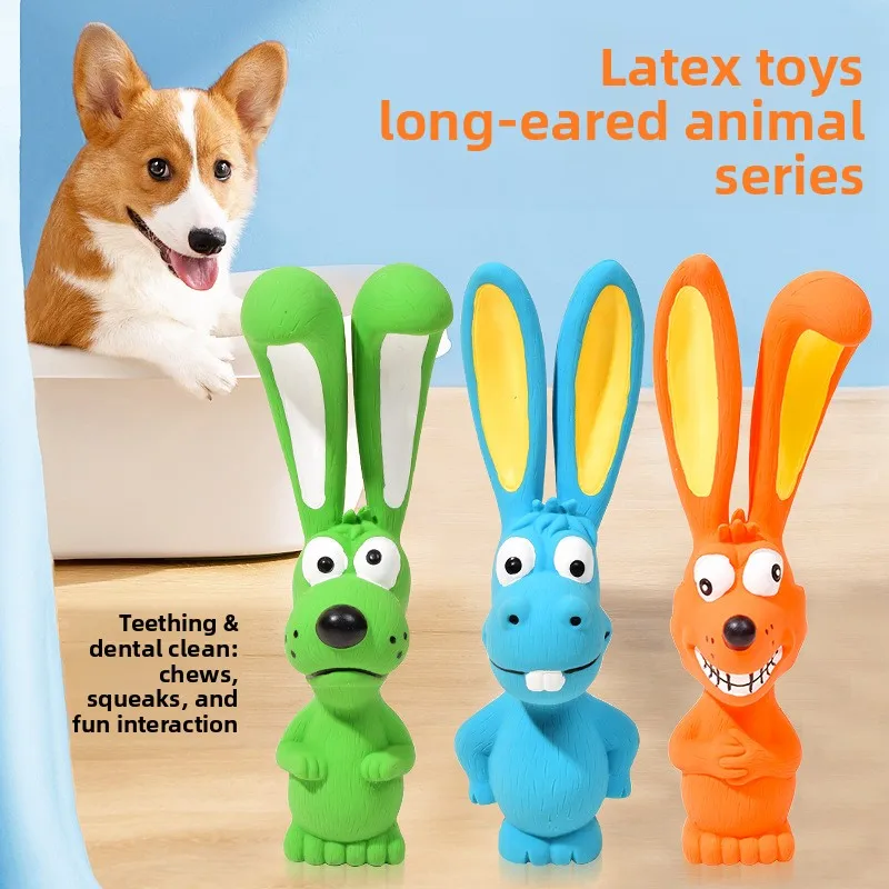 Juguete conejo orejas largas látex limpieza molar para gatos y perros
