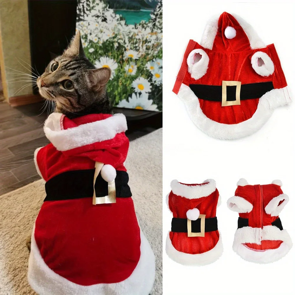 Disfraz navideño de Papá Noel para perros pequeños y gatos, chaqueta cálida con capucha de forro polar y sombrero, lindo vestido de Papá Noel para cachorro Chihuahua