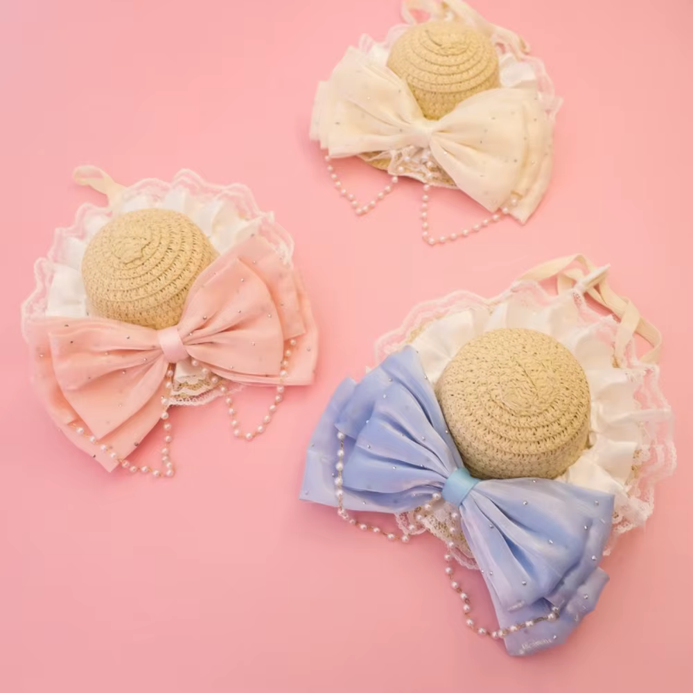 Sombrero de paja ajustable para gatos y perros pequeños con perlas - imagen 4