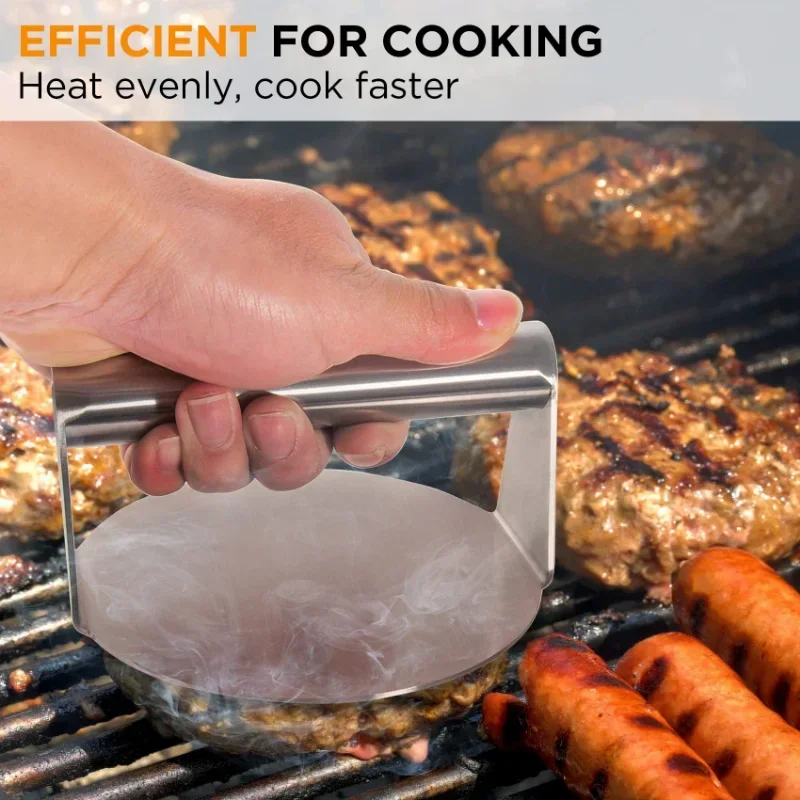 Prensa de hamburguesas de acero inoxidable, batidora de hamburguesas redonda de 5,5 pulgadas, prensa de hamburguesas suave antiadherente de fondo plano sin crespos