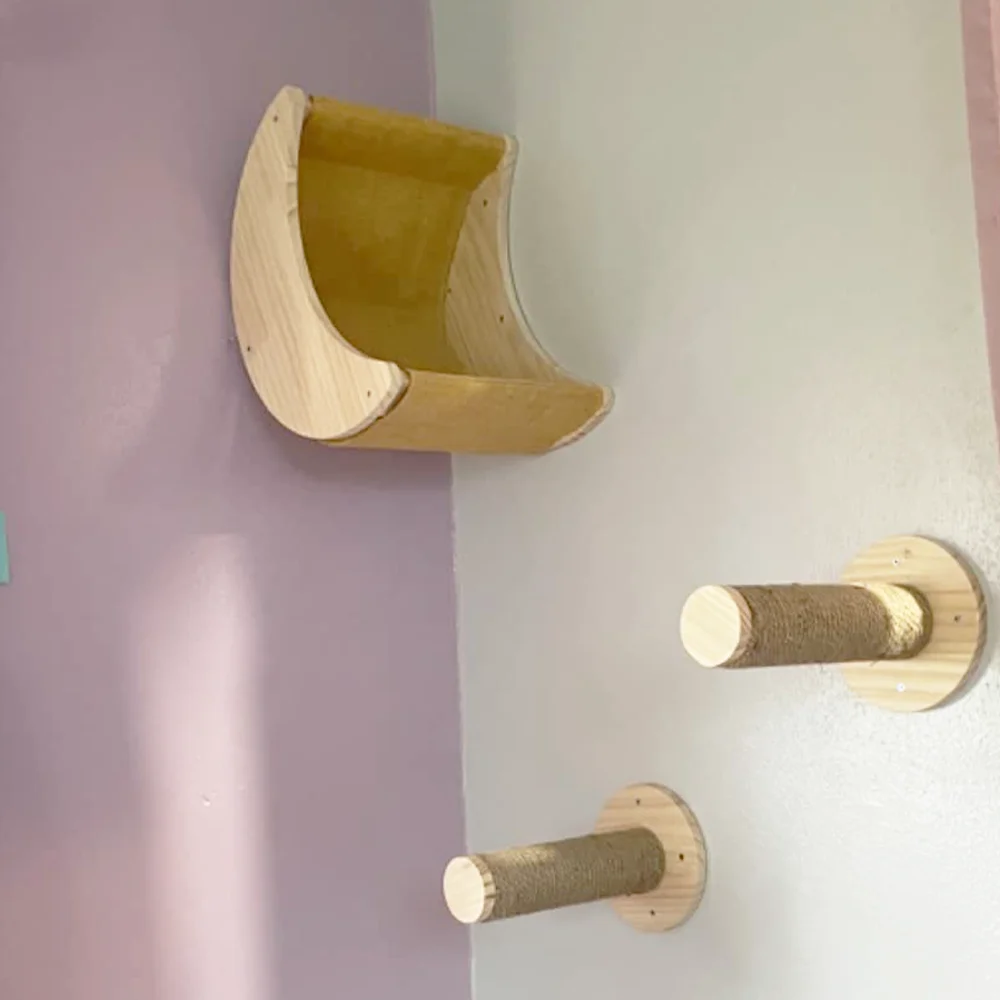 Árbol para gatos montado en la pared, plataforma y escalera, 4 escalones, poste para rascar, hamaca de pared, muebles de madera para mascotas, 1 pieza - imagen 5