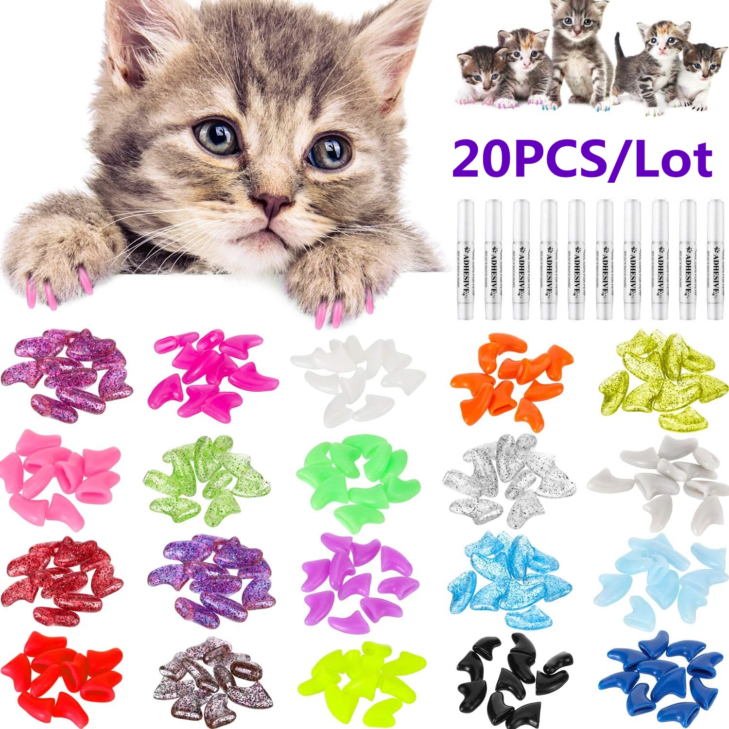 Tapas de uñas de gato coloridas de moda, patas suaves, garra de gato, pegamento adhesivo gratis, tamaño XS, S, M, LGift para mascotas, nuevo, 20 piezas por lote